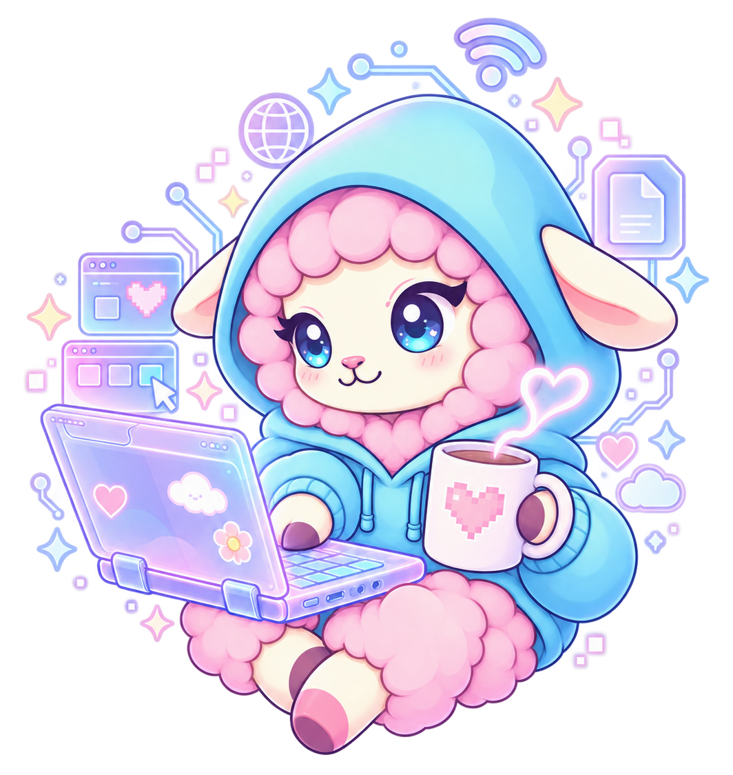 Patch, a pink-wool sheep in a blue hoodie, working at a laptop