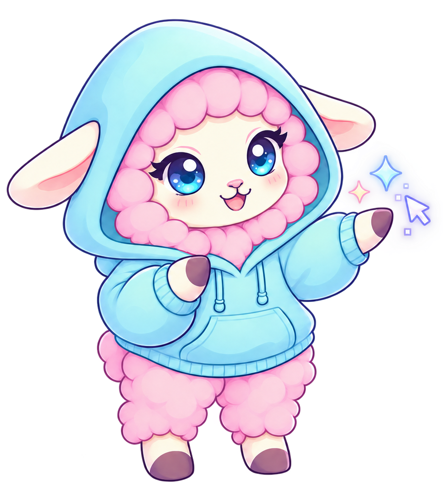 Patch, a pink-wool sheep wearing round glasses and a blue hoodie